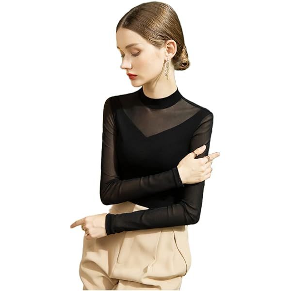 Women High Neck Sheer Mesh Tops Elegant Long Sleeve Crop
