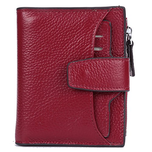 Big Sale-AINIMOER Women's RFID Blocking Leather Small Compact Bi-fold  Zipper Pocket Wallet Card Case Purse with Id Window(Lichee Wine)