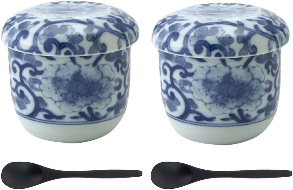 Zen Table Japan Aizome Karakusa Blue and White Chawanmushi Cup With Lid and Spoon Set of 2 Made in Japan - Peony