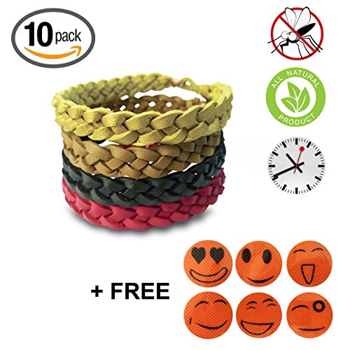 Premium Mosquito Repellent Leather Bracelet. 10 Pcs. 100% All-Natural, Plant-Based, Deet-Free, Non-Toxic Traveling Band. Safe for Kids. Keeps Bugs and Insects Away for 250 Hours