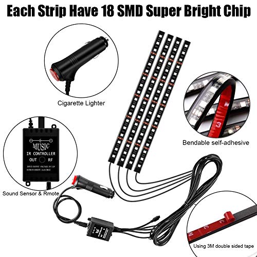 Car LED Strip Lights, YANF Interior Car Lights 4pcs 72 LED Multicolor Car RGB Atmosphere Floor Lights Neon Under Dash Lighting Kit with Sound Sensor and Wireless Remote Control, DC 12V - Thumbnail 3