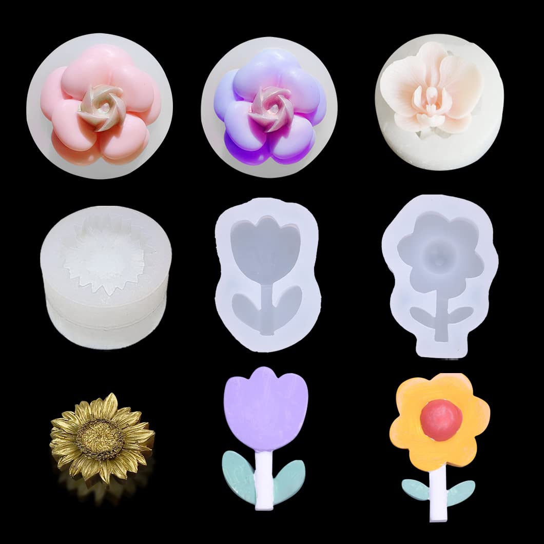Rolin Roly 6Pcs Resin Flower Moulds Candle Casting Epoxy Mould Phalaenopsis Silicone Mold 3D Sunflower Molds for DIY Crafts Jewelry Making Cake Chocolate Home Decoration