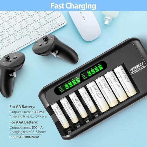ENEGON Rechargeable AA and AAA Battery Charger, Fast 8 Slots with 4 Rechargeable AAA 1100mAh&4 AA 2800mAh Ni-MH Pre-Charged High Capacity for Home Toys and Electronics
