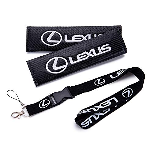 QZS New 1pcs Car Keychain Lanyard Badge Holder + 2pcs Set Carbon Fiber Car Seat Belt Shoulders Pad Cover Fit for Cars (Lexus)