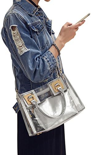 Clear Crossbody Tote Bag, Messenger Bag Purse And Handbag for Women, NFL NCAA Stadium Approved (Silver)