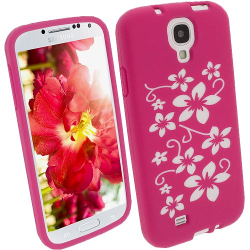 iGadgitz Pink & White Flowers Silicone Skin Case Cover for Samsung Galaxy S4 IV I9500 Android Smartphone Cell Phone + Screen Protector