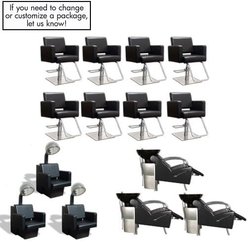 Havana Basics Black Collection - Eight Stations featuring Eight (8) Styling Chairs - Black w/Square Base, Three (3) Stockholm Shampoo Units Black w/ Black Bowl and VBK (White bowl is available) &amp; Three (3) Havana Dryer Chairs- Black from SalonSmart