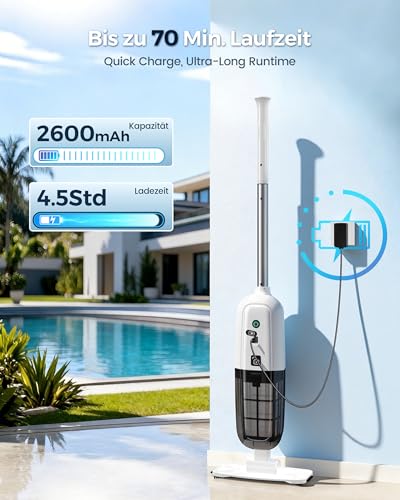 2026 Upgrade Pool Vacuum Cleaner Battery, Pool Handheld Vacuum Cleaner with Operating Time up to 70 Minutes, 250 cm Extension Poles, Pool Cleaner with 180 μm Filter, Ideal for Above Ground Pool and