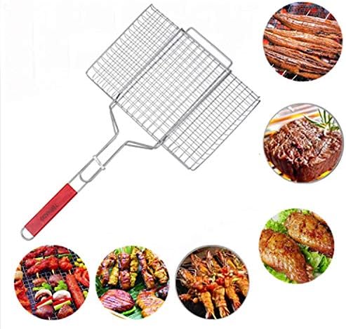 Woogor Portable Barbecue BBQ Grill Net Basket Roast Grilling Tray Chromium Plated with Wooden Handle.