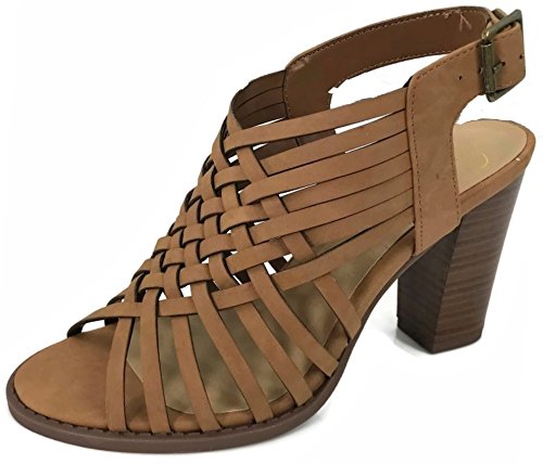 City Classified Open Toe Perforated Lace up Elastic Side Stacked Chunky Heel Sandal, Tan, 7.5
