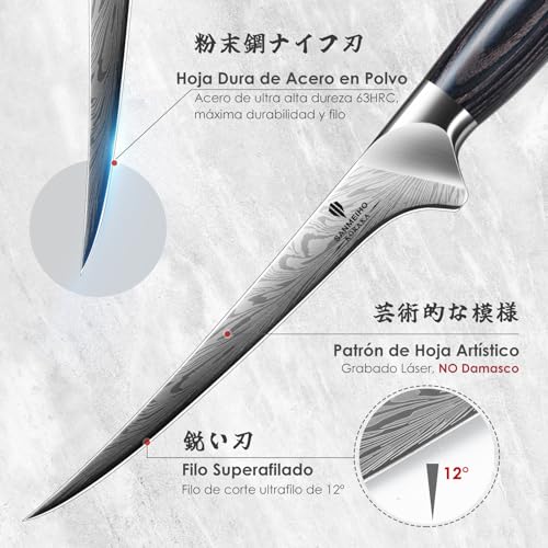 SANMEIHO Cuchillo Pescado de Acero en Polvo, Cuchillo Deshuesador Súper Afilado, Cuchillo Filetear Pescado de Acero con Carbono Extra Duro, Cuchillo de Filete con Mango Ergonómico de Madera de Pakka