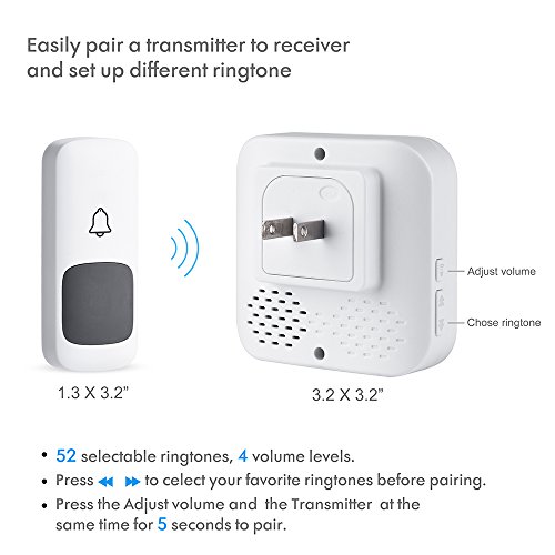 Clearance Wireless Doorbell for Home IPX5 Waterproof 1000 Feet Range Remote Door Bell Chime Kit (2 Push Button& 2 Receivers) 52 Chime Tunes/4 Level Volume Loud& LED Flash, No Batteries Required, White