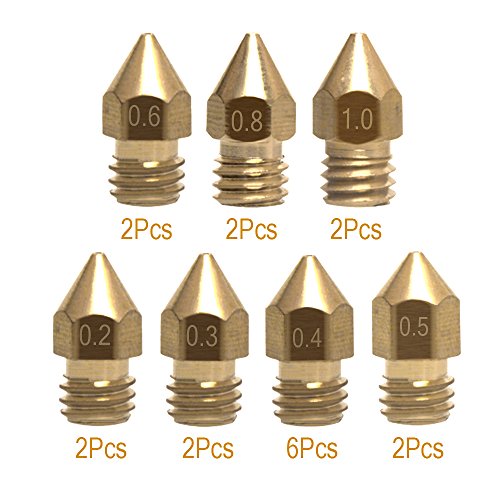 18 Pcs MK8 Extruder Nozzle M6 3D Printer Extruder Brass Nozzle Print Head with 7 Different Sizes (0.2mm, 0.3mm, 0.4mm, 0.5mm, 0.6mm, 0.8mm, 1.0mm ) for 1.75MM MK8 Makerbot, Anet A8 and CR-10 Printer