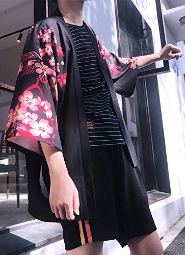 Men's Kimono Yukata Cardigan Casual Dragon Pattern Open Front Coat (Black Fish, Medium) - Thumbnail 6