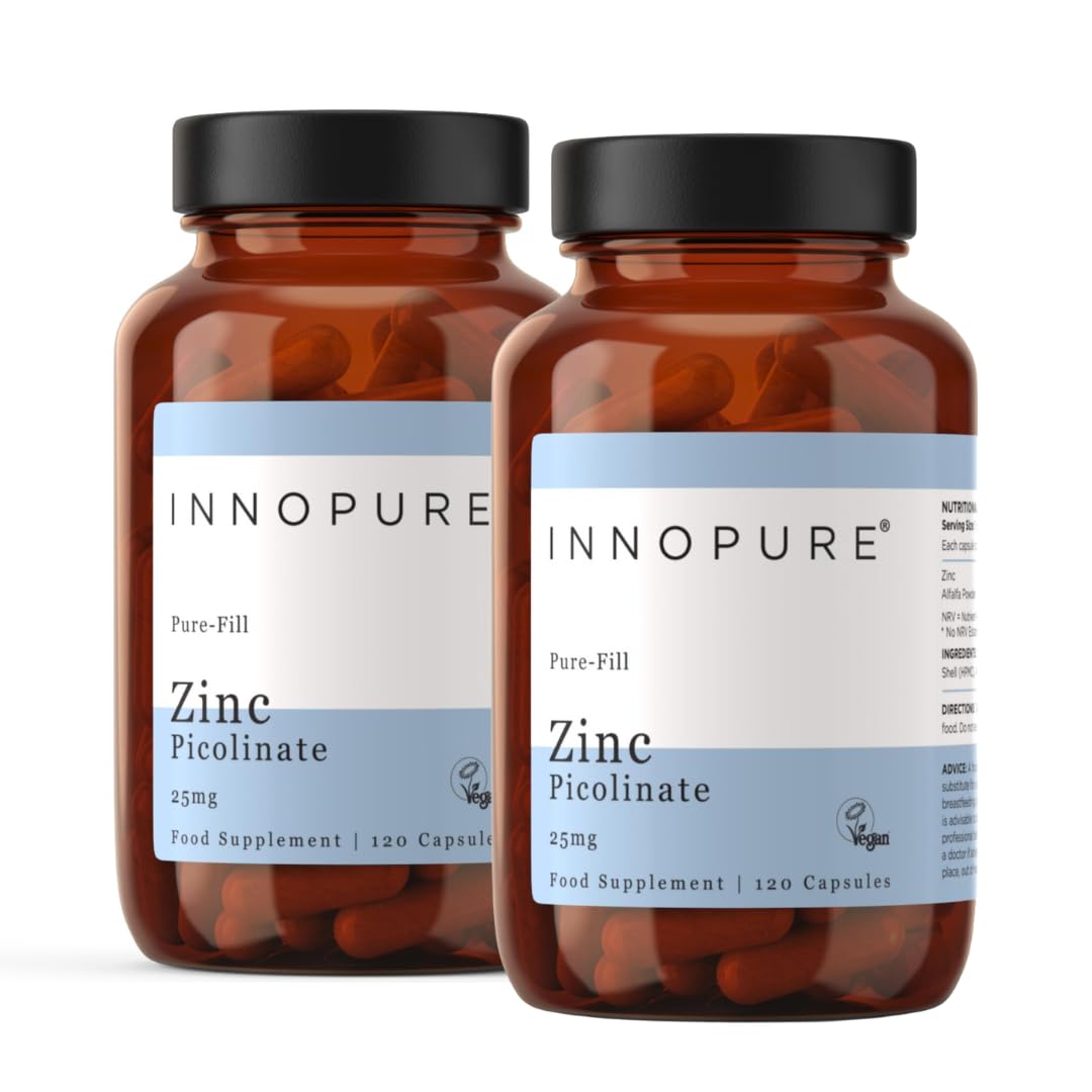 INNOPURE Zinc Picolinate 25mg - 240 Capsules, Pure-Fill (No Fillers or Binders) One-a-Day Easy to Swallow, High Absorption Zinc Supplements, UK Made