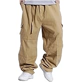 Kinghua Mens Baggy Cargo Pants Casual Loose Fit Elastic Waist Cotton Twill Cargo Pants