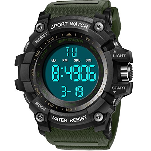 Mens Watches Big Face Military Digital Tactical LED Display Sport Outdoor Stopwatch Green