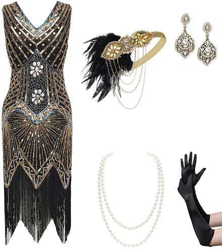 BABEYOND Women's Flapper Dresses 1920s V Neck Beaded Fringed Great