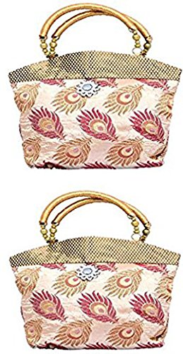 Womens Traditional And Ethnic Mini Brocade peacock theme Handbag - Pack of 2 -Cream- At Unbeatable Price