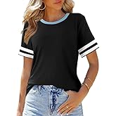 SHEWIN Women's Fashion Casual Crewneck Color Block T Shirts Short Sleeve Summer Tops Tees Slim Fit