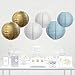 Andaz Press Hanging Paper Lantern Party Decor Trio Kit with Free Party Sign, Gold, Baby Blue, White, 6-Pack, for Boy Baby Shower Baptism Decorations
