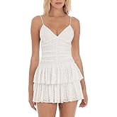 YOXUA Women's Deep V-Neck Spaghetti Strap Casual Tiered Mini Dresses Summer Layer Ruffle Hem Short Dress