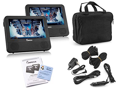 IMPECCA DVD Player, Portable Dual Screen DVD 7" Player for Car Headrest or Home with USB, SD Card Reader, Rechargeable Battery, Memory Function, Two Screens Play One Movie