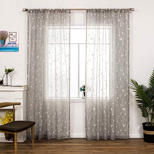 AmHoo Floral Leaf Embroidery Semi Sheer Curtain Rod Pocket Voile Sheer Curtains Set of 2 for Living Bedroom Window Treatment (Light Grey, 53 x 84)