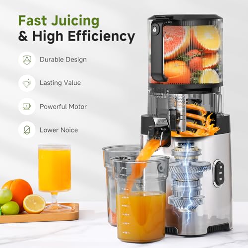 AMZCHEF Cold-Press-Juicer-Machines, 165MM Large Feed Chute, 600W DC Motor, Slow Masticating Juicer with Pre-Cut Blade, 2 Strainers for Juice, Nut Milk & Sorbet, High Juice Yield, Easy to Clean