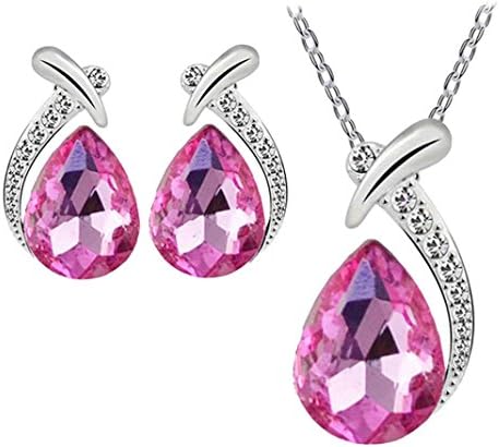kaifongfu Women Crystal Pendant,Women Silver Plated Chain Necklace Stud Earring Jewelry Set For Women (Hot Pink)