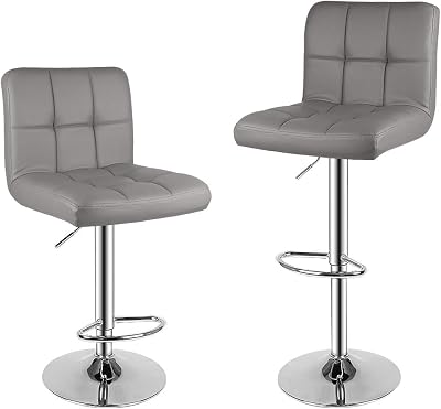 bigzzia Bar Stool Set of 2 Grey PU Leather Swivel Height Adjustable Backrest