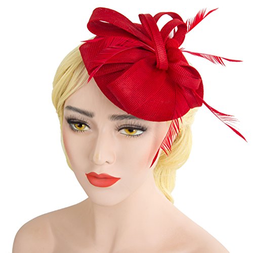 Acecharming Fascinators for Women, Feather Sinamay Fascinators with Headbands Tea Party Pillbox Hat Flower Derby Hats(Red-03)