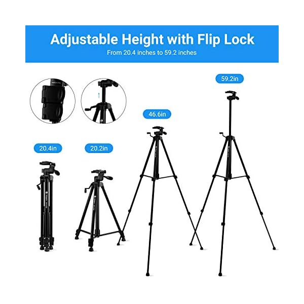 Camera Tripod Fotopro 59" Cameras Stand Lightweight Aluminum Tripod with Phone Clip and Carry Bag for iPhone/Android Phone and Nikon Canon DSRL Cameras – Bild 6