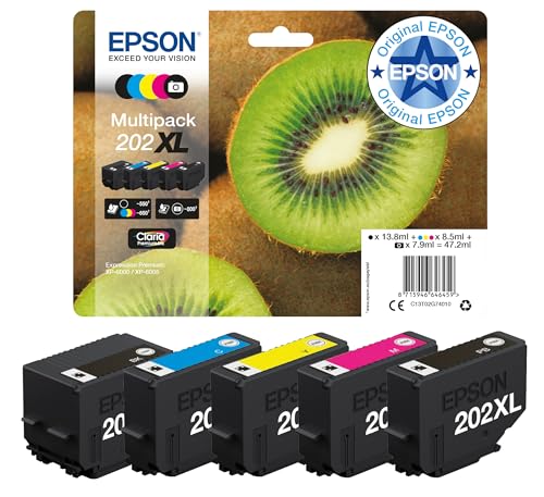 Epson 202XL Kiwi Genuine High Yield Multipack, 5-colours Ink Cartridges, Claria Premium Ink