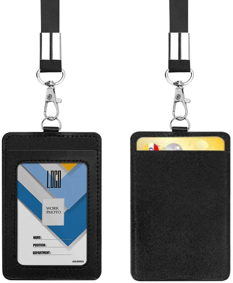 Leather ID Badge Holder Vertical, pu Leather id Badge Card Holder Wallet with 22 Inch Detachable Neck Nylon Lanyard for Office, School, Driver Licence (2 Black)