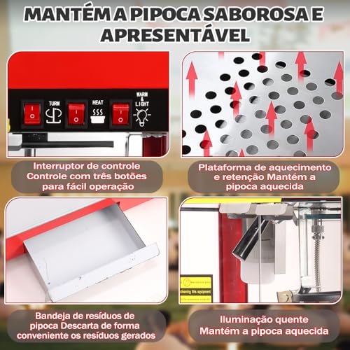 Máquina de Pipoca, 8oz Pipoqueira Eletrica 110v, 1400w, Pipoqueira Inox, Vermelho, Capacidade Extra Grande, Comporta Até 13 Xícaras de Pipoca de 32 oz