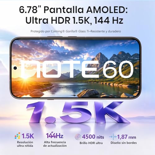 Infinix Celular Note 60 RAM 16GB: 8GB+8GB Extendible ROM 256GB, 6.78'' AMOLED 1.5K 144Hz, 6150mAh Inalámbrica 30W Carga Rápida 45W Smartphone 5G AI Dual SIM Cámara 50MP+13MP Live Photo Midnight Black