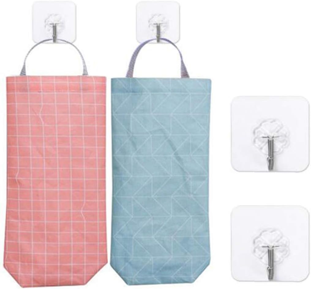 2 Pcs Plastic Bag Holder Dispenser Waterproof Hanging Grocery Bag Organizer with 2 Adhesive Wall Hooks for Kitchen, Bathroom