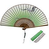Jsswb Green Handmade Silk Bamboo Folding Fan with Plum Flowers Painting