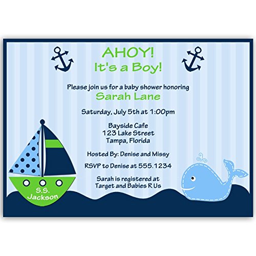 Nautical Baby Shower Invitations, Anchors Away, Stripes, Boys, Navy, Blue, Green, Whale, Ship, Sailboat, Sprinkle, Personalized, Set of 10 Printed Invites with Envelopes, Ahoy It’s a Boy