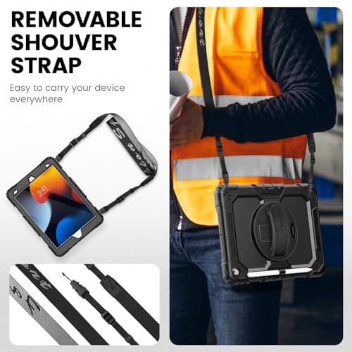 Timecity Case for iPad 9th/8th/7th Generation 10.2 '', Shockproof Rugged case with Screen Protector & 360° Rotating Stand Pen Holder Hand/Shoulder Strap for iPad 10.2 inch Case 2021/2020/2019 -Black