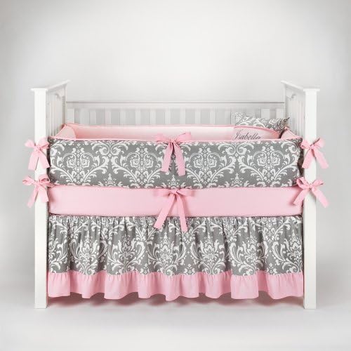 Damask Gray &amp; Pink Baby Bedding - 5pc Crib Set by Sofia Bedding