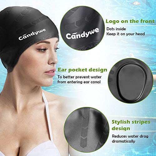 Candywe Swim Cap Cover Ears, Waterproof Silicone Bathing Swimming Cap,Swim Hat for Long Short Hair Women Men Kids Swimming Pool Caps with Nose Clip and Ear Plugs (Black)