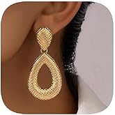 Vintage Teardrop Dangle Earrings, Gold Tone Textured Drop Statement Earrings, Fashion Jewelry for Women