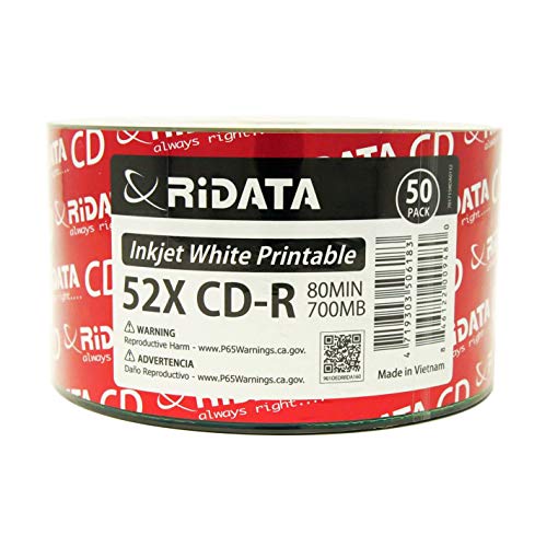 100 Pack Ridata CD-R 52X 700MB 80Min White Inkjet Hub Printable Blank Media Recordable Disc