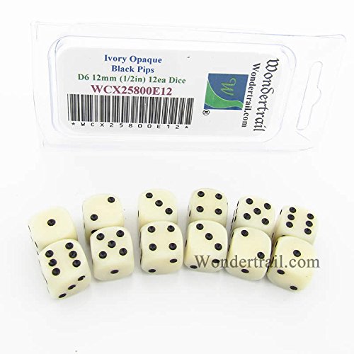 Ivory Dice with Black Pips D6 12mm (1/2in) Pack of 12 Wondertrail WCX25800E12