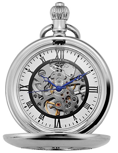 KS Half Hunter Mechanical Hand Wind Classic Pocket Watch Silver Alloy Case KSP088