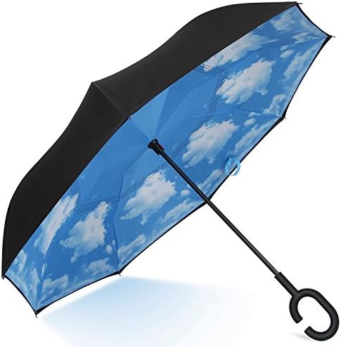 Ruixue Inverted Umbrella Double Layer Cars Reversible Umbrella,Windproof UV Protection Big Straight Umbrella for Car Rain Outdoor With C-Shaped Handle (Sky Blue)