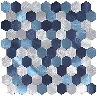 Fadistic 5枚パック 自己粘着 金属製 バックスプラッシュ ピールアンドスティック タイル キッチン ストーブ 浴室の壁用 ネイビーブルー つや消しアルミニウム表面 12インチ X 12インチ X 5シート 六角形 Dressagejudge Com