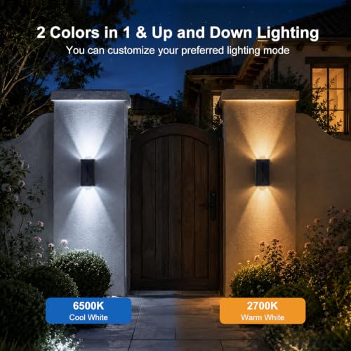 Lacasa Luz Solar Exterior de Pared, 2 Pack 2 Modos Luces Solares Apliques | 2 Colores en 1 (2700K/6500K), Impermeable IP65, Up & Down Iluminación Auto On/Off, LED Lampara Solar para Jardin Garaje Patio